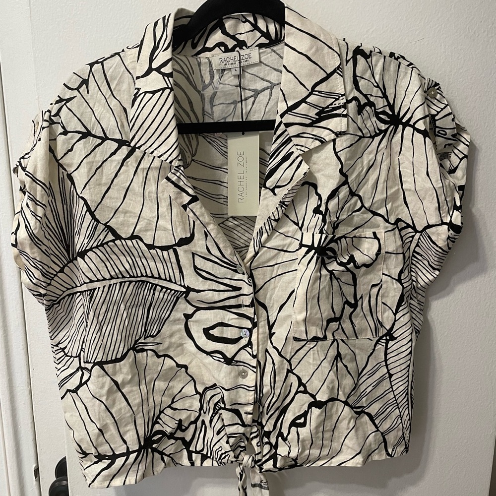 Rachel Zoe Cream Short Sleeve Cropped Button Down Shirt with Tie Front